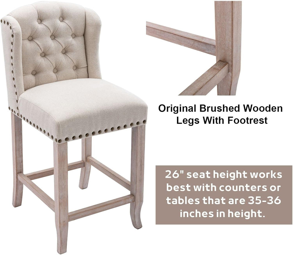 DUOMAY Tufted 26 Inch Counter Height Bar Stools Set of 2, Linen Upholstered C...