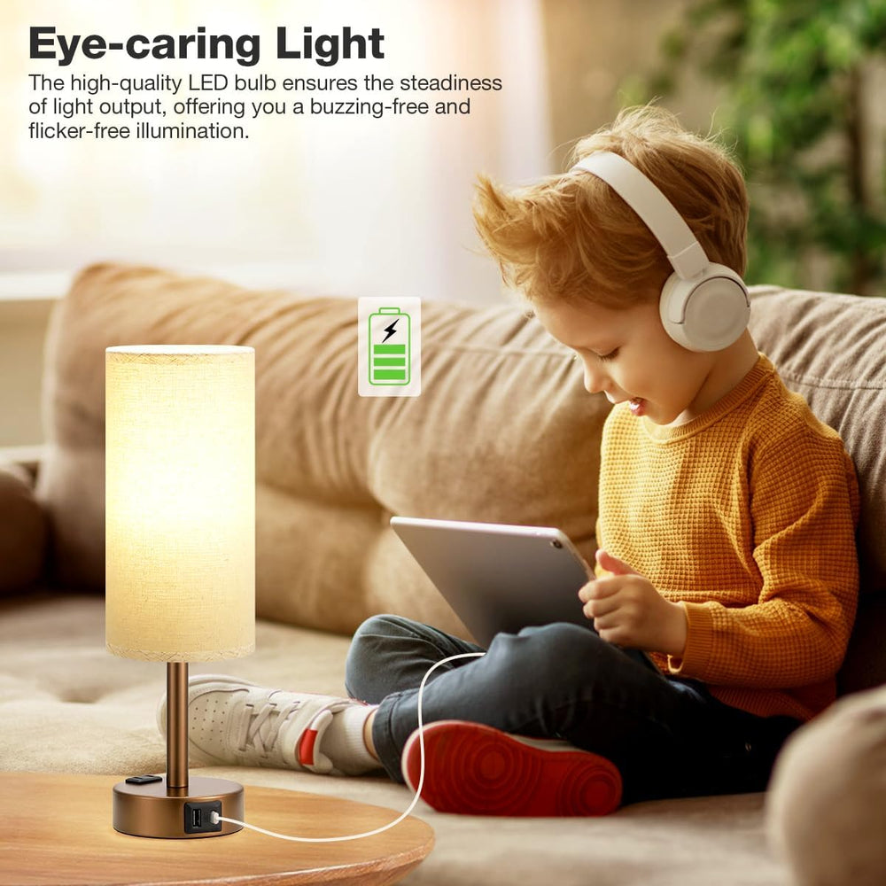 Fenmzee Brown Bedside Lamp for Bedroom, Dimmable Touch, USB A+C, AC Outlet