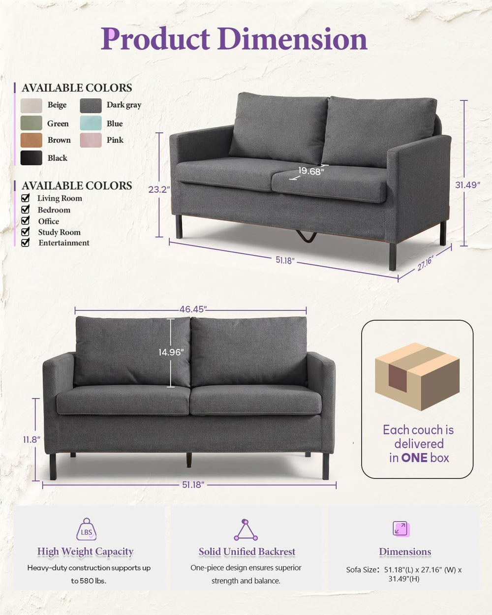 TYBOATLE 51'' Dark Grey Small Couch Loveseat, 2-Seater Linen Sofa