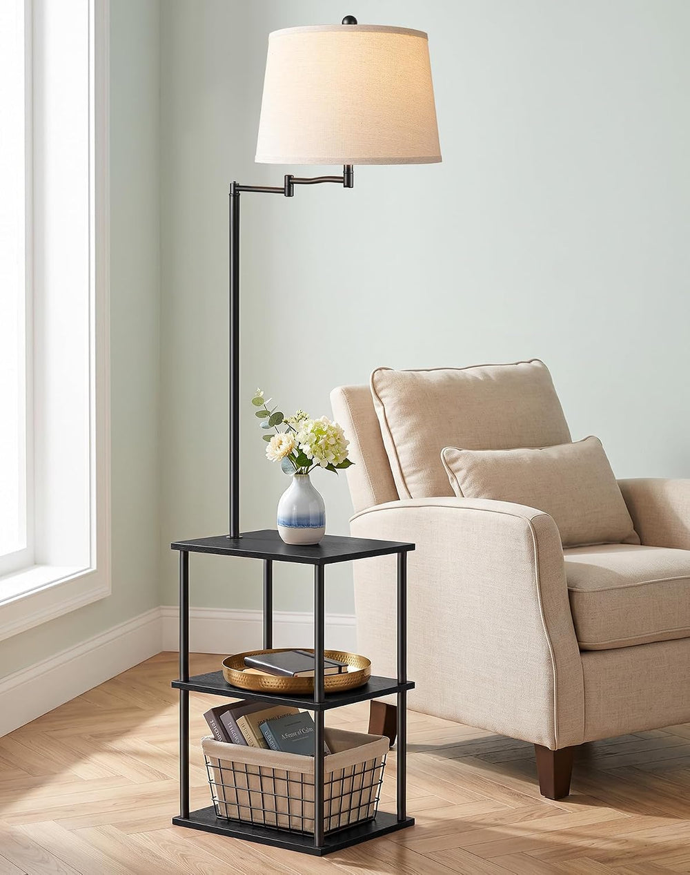 Swing Arm Floor Lamp with Table, Nightstands End Side Table for Living Room