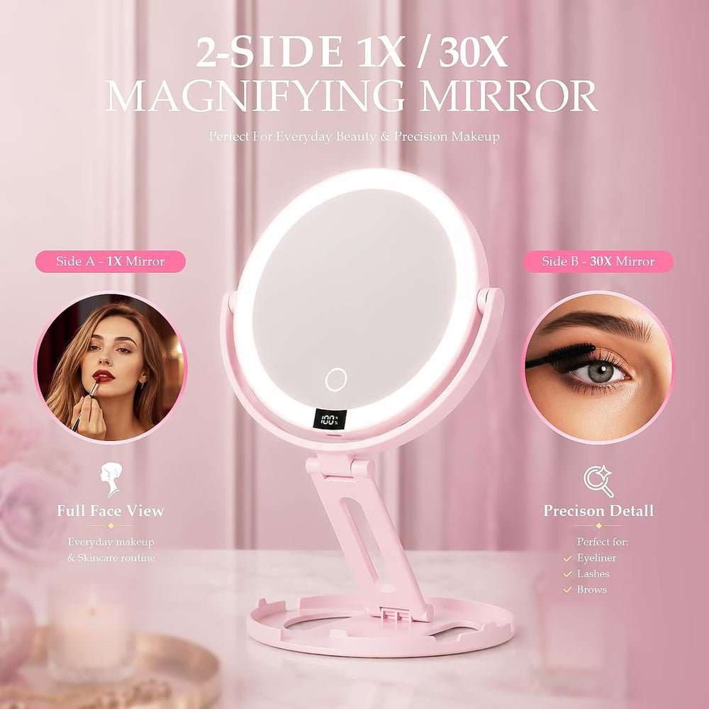 Travel Makeup Mirror with Lights, 1X/30X Double-Sided Magnifying Mirror
