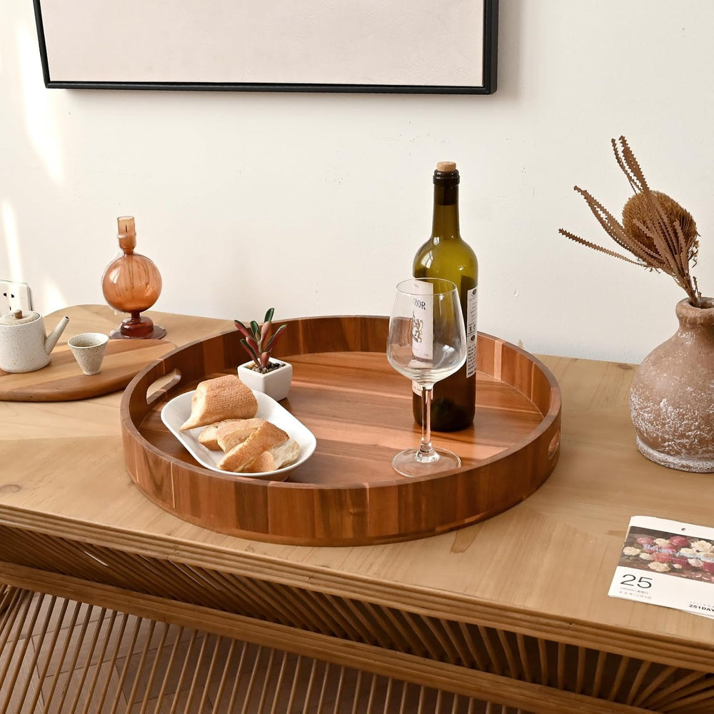 20 Inch Extra Large Round Serving Tray HeavyDuty Acacia Wood Tray for Oversiz...