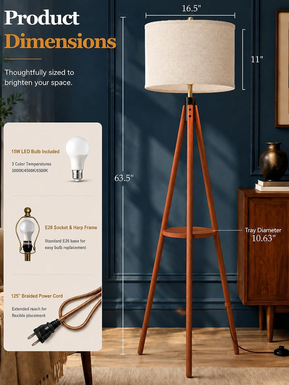 MOFFE Mid Century Solid Wood Tripod Floor Lamp with Tary & Remote Control