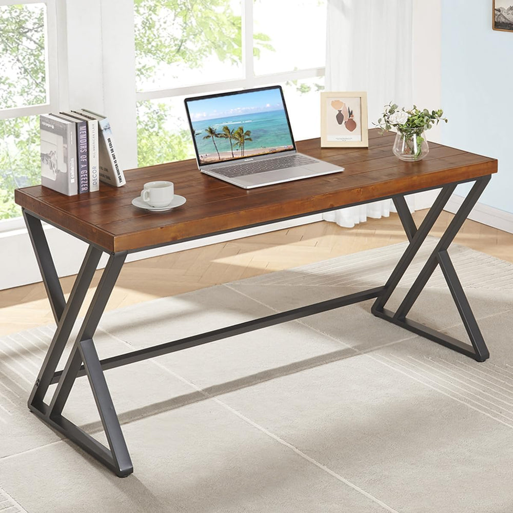 55" Solid Wood Computer Desk, Natural Real Wood Home Office Desk