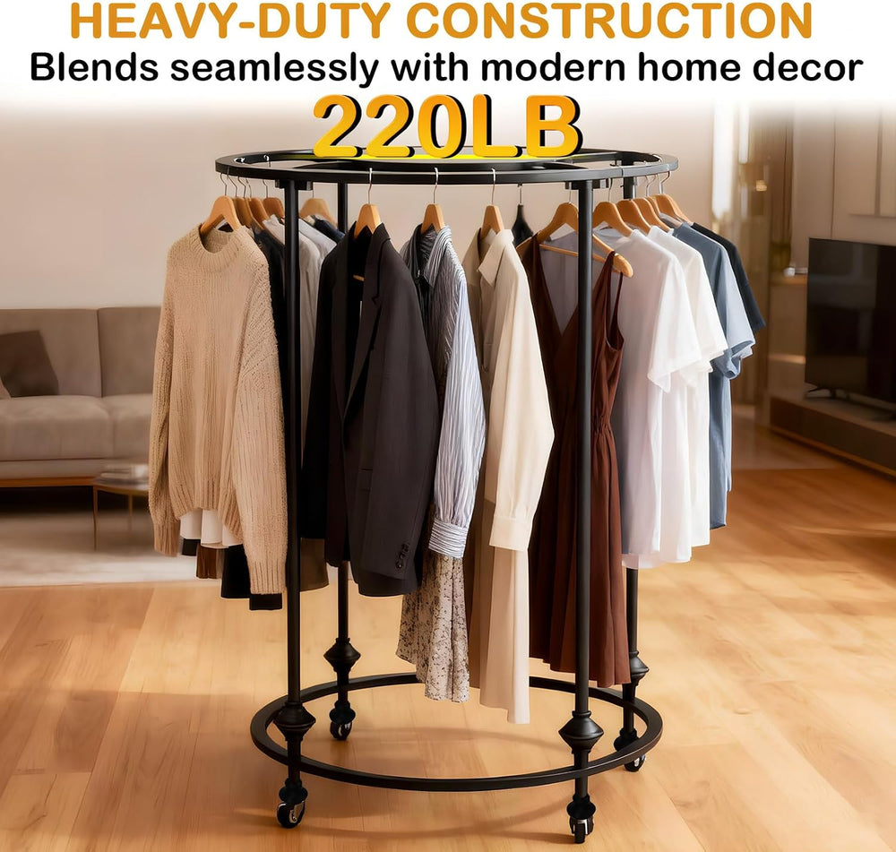 27.5x51in Round Garment Rack, Rolling with Topper, 360 Rotating, Black