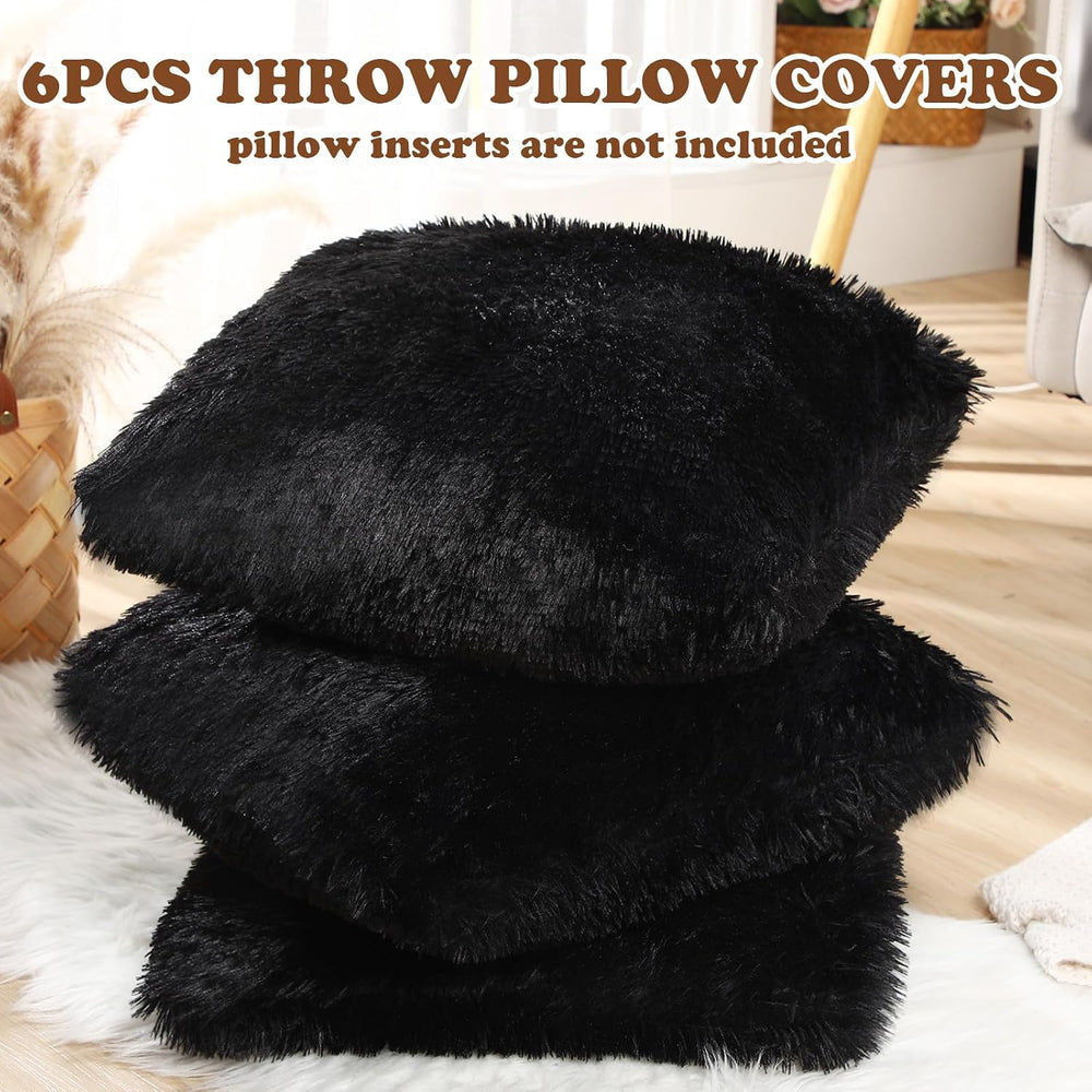 VitalCozy 6 Pcs Fluffy Throw Pillow Covers Faux Fur, Black