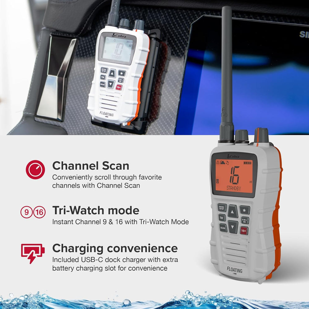 Cobra BlueBound 350 VHF Handheld Marine Radio - White, 6-Watt, Floats