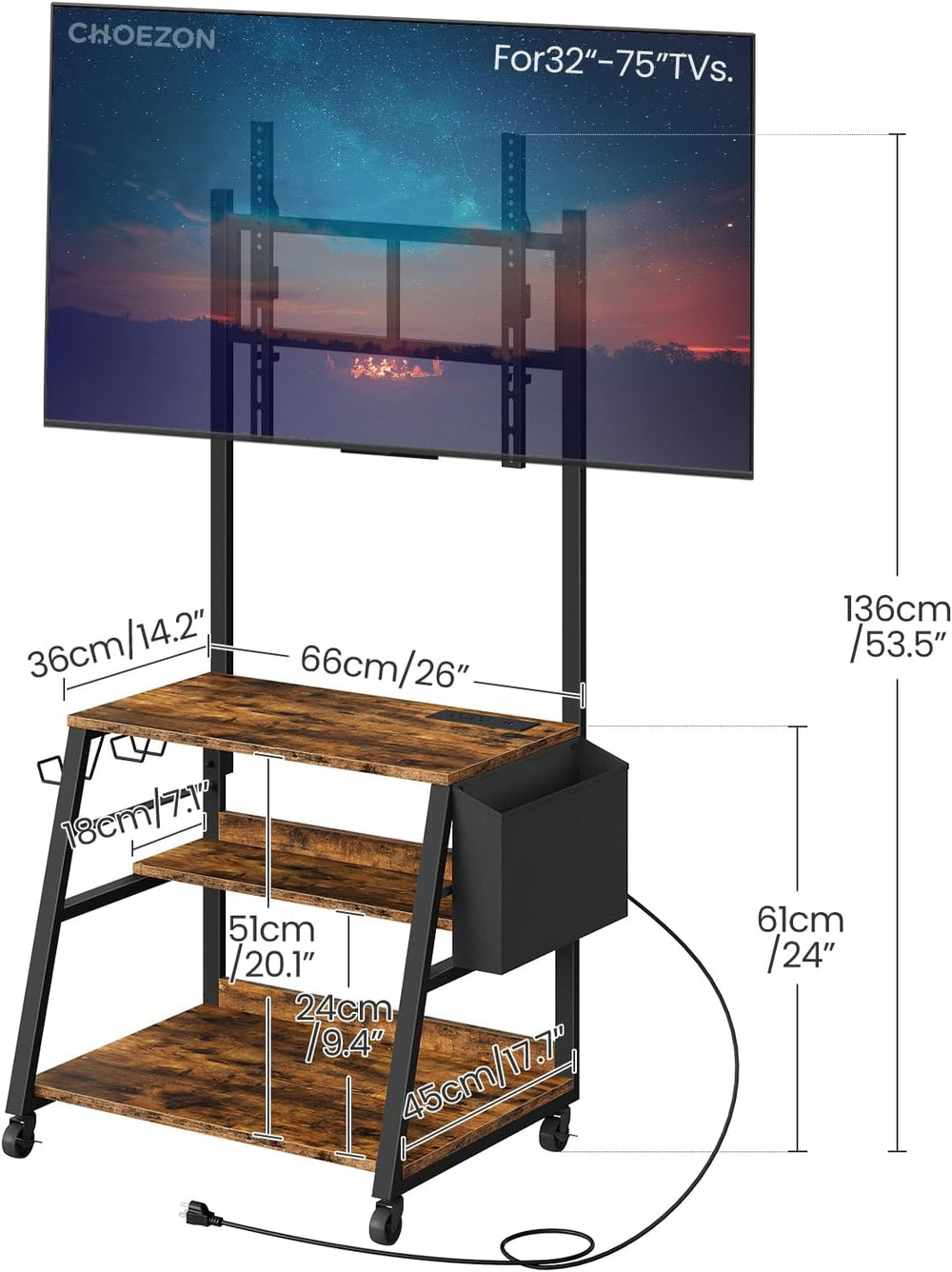 CHOEZON Rolling TV Stand with Mount and Storage, for up to 75 inch TVs
