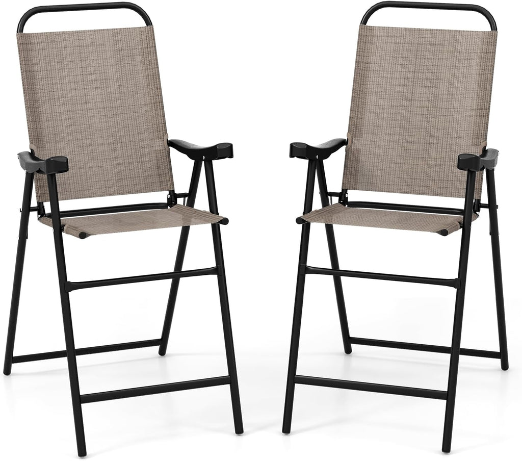 COSTWAY 2 Pieces Patio Folding Bar Chairs with Metal Frame, Footrest, Arms
