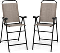 COSTWAY 2 Pieces Patio Folding Bar Chairs with Metal Frame, Footrest, Arms