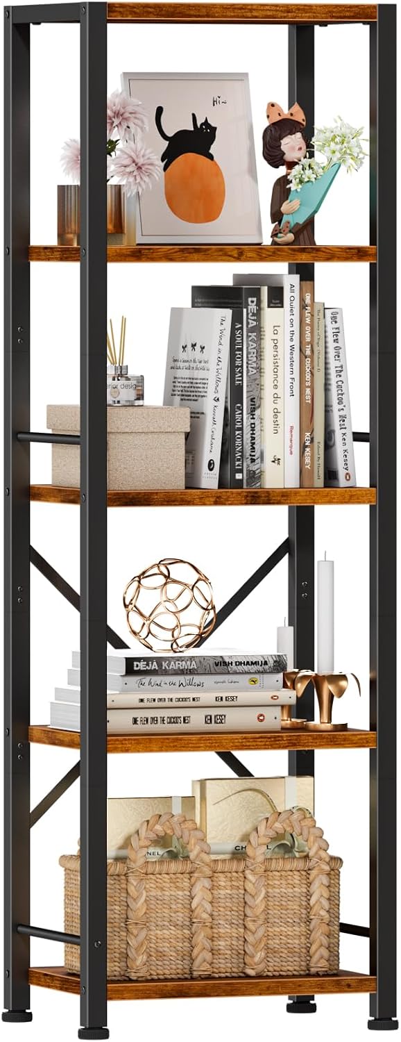 Furologee 5 Tier Bookshelf, Narrow Bookcase, Metal Book Shelf, Rustic Brown