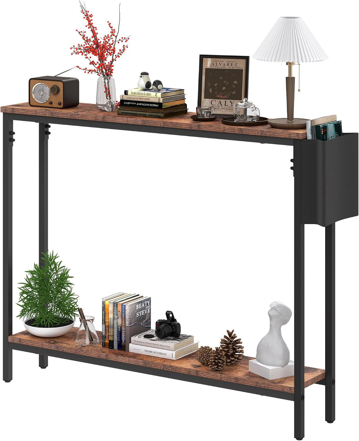 Bigbiglife 39.4" Console Entryway Table, 2-Tier Industrial Narrow Sofa Table with Storage Shelves for Hallway, Living Room, Bedroom, Foyer, Corridor, Office, Rustic Brown and Black