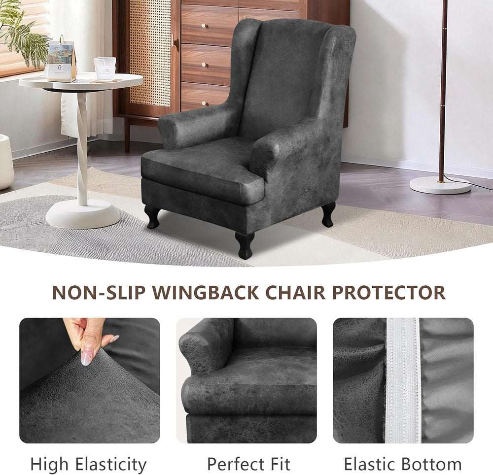 ANARACHON Leather Look Wingback Chair Covers, 2-Piece Wing Chair slipcover, S...