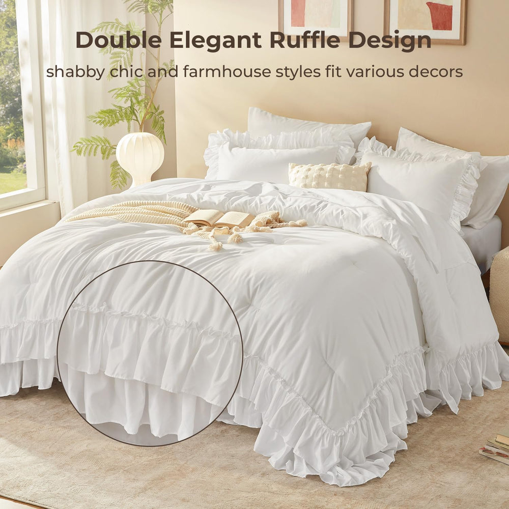 Litanika King Size Comforter Set, 7 Pcs White Ruffle Bed in a Bag