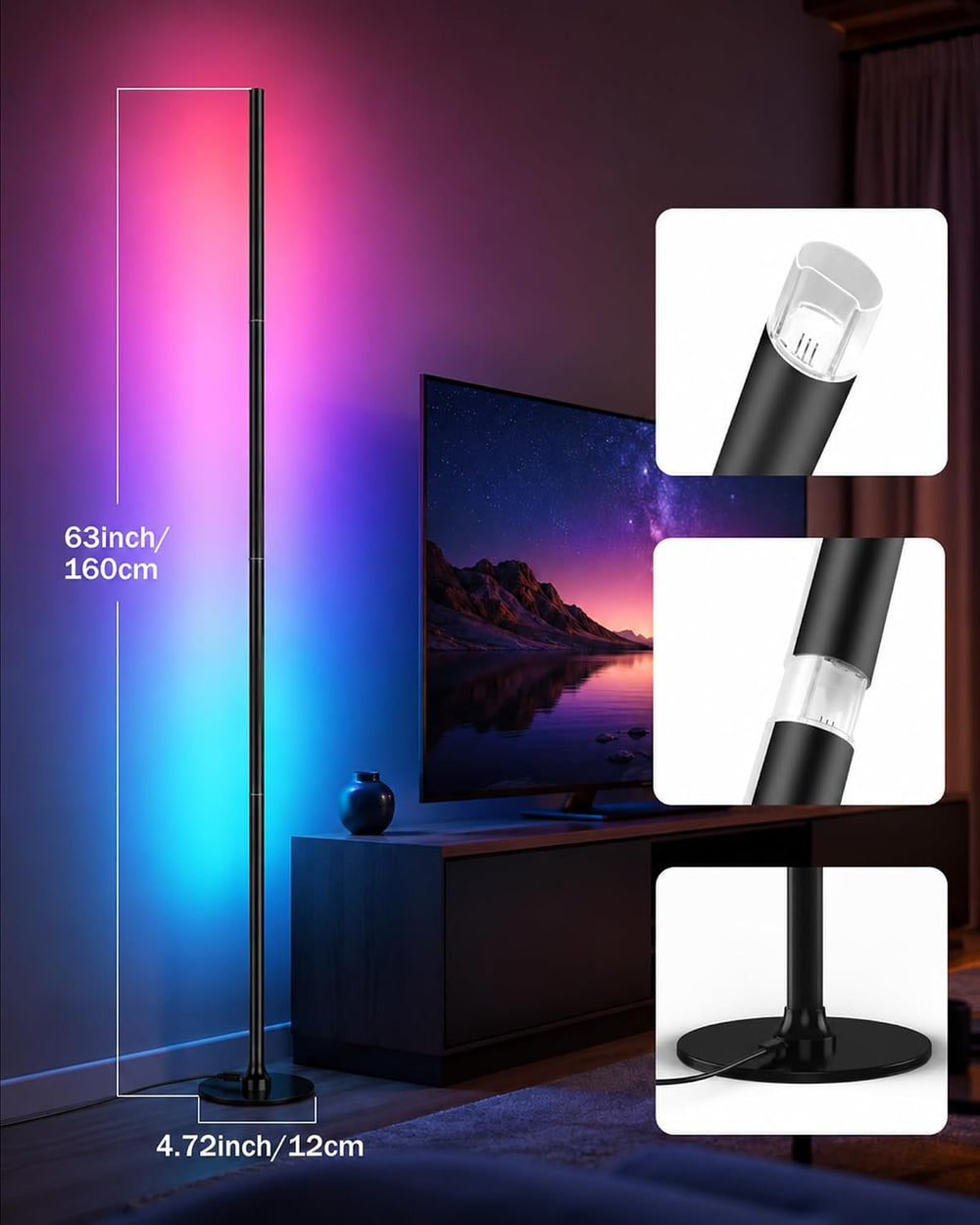 63" H RGB Floor Lamp, Smart Led Corner Lamp with Music Sync