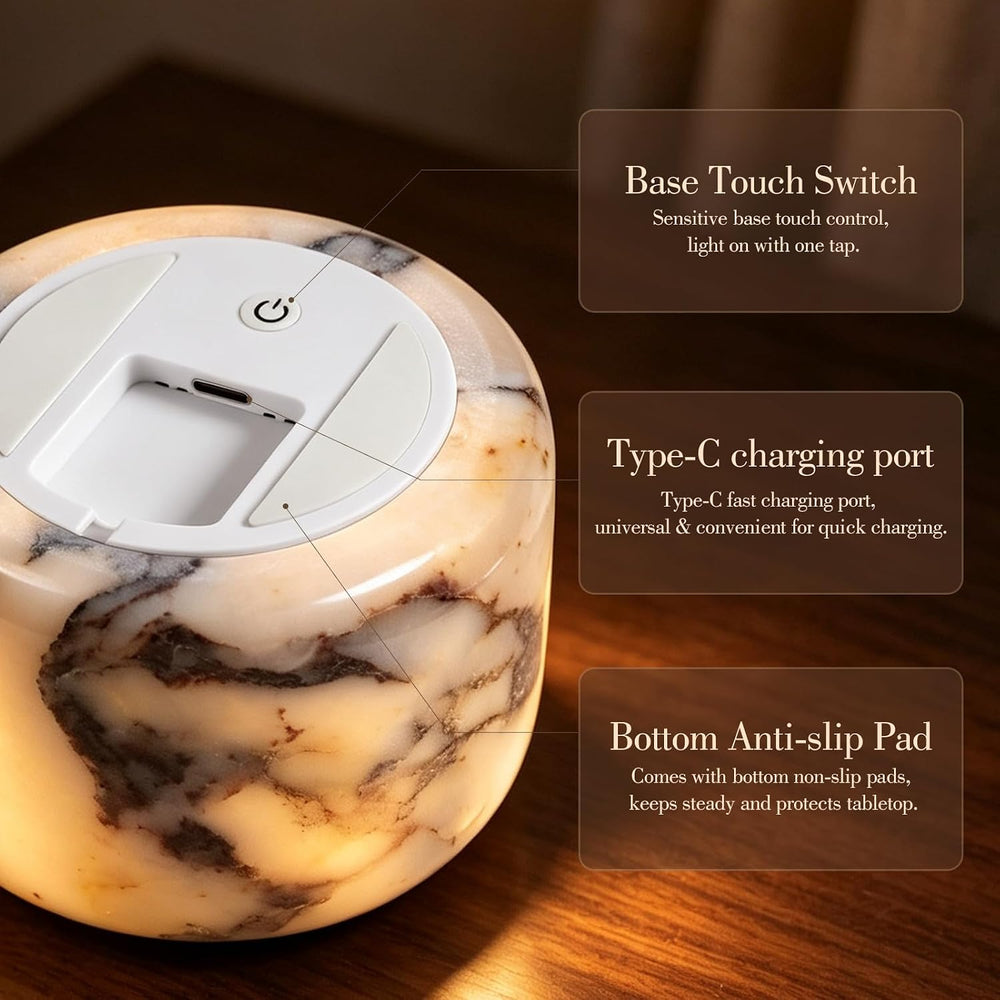 Black Marble Touch Table Lamp, Cordless Bedside Pat Dimmable Night Light