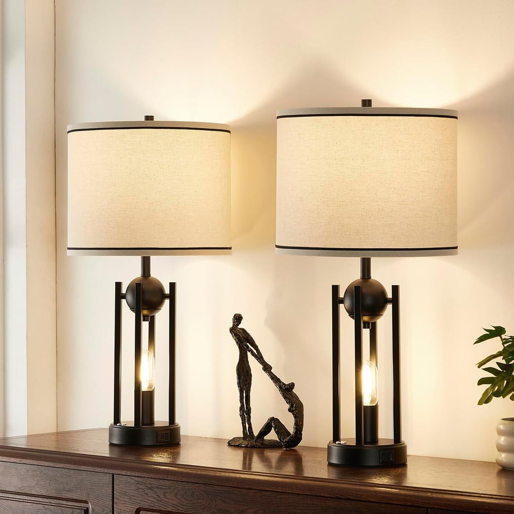 Upgraded Dual-Light Table Lamp Set of 2, USB C+A Ports-Black 25''