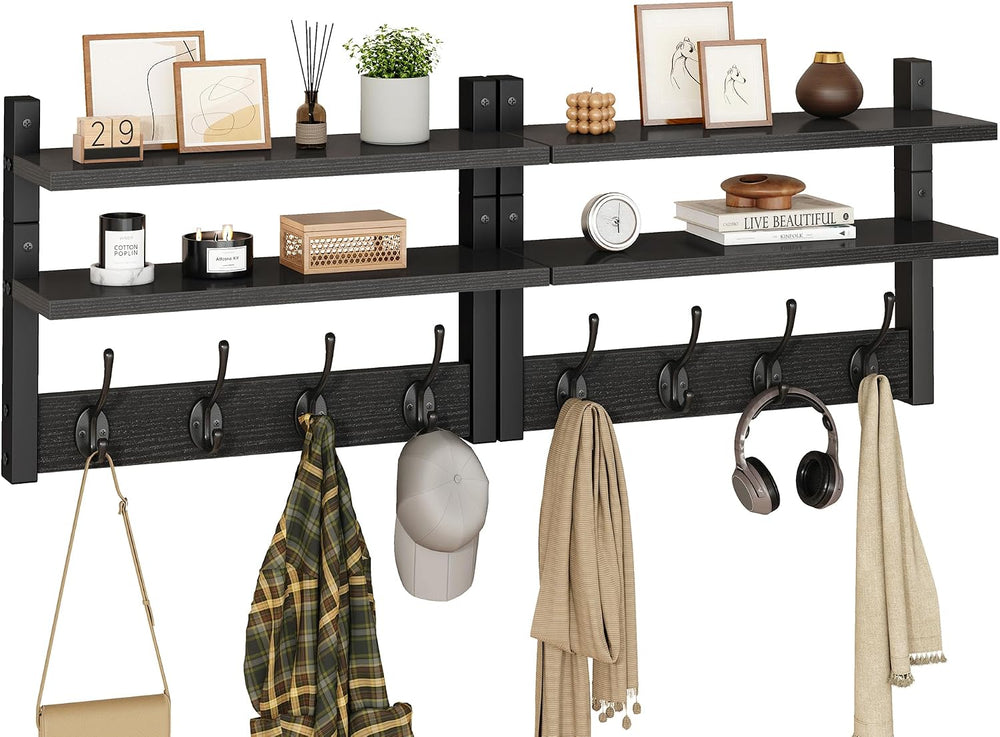 YMYNY Double Shelf Coat Rack Wall Mount with 8 Hooks, Black HWS009B-2