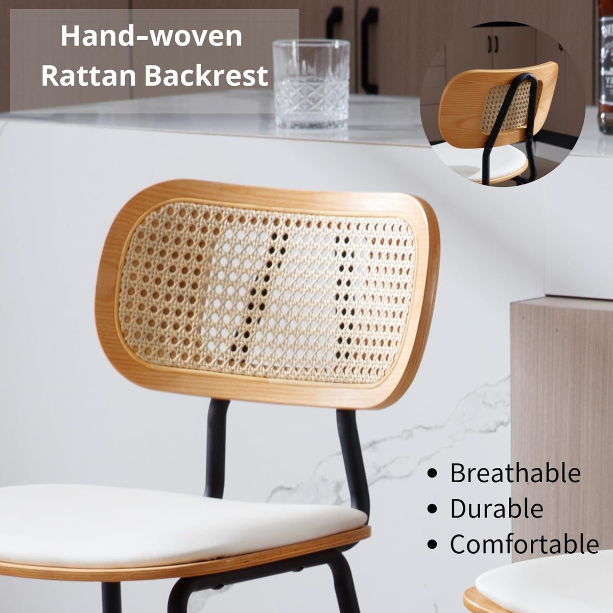 HEAH-YO Rattan Counter Stools Set of 2, 26 Inches Counter Height Bar Stools with Rattan Back and Metal Legs, Faux Leather Kitchen Stools for Island, PU White