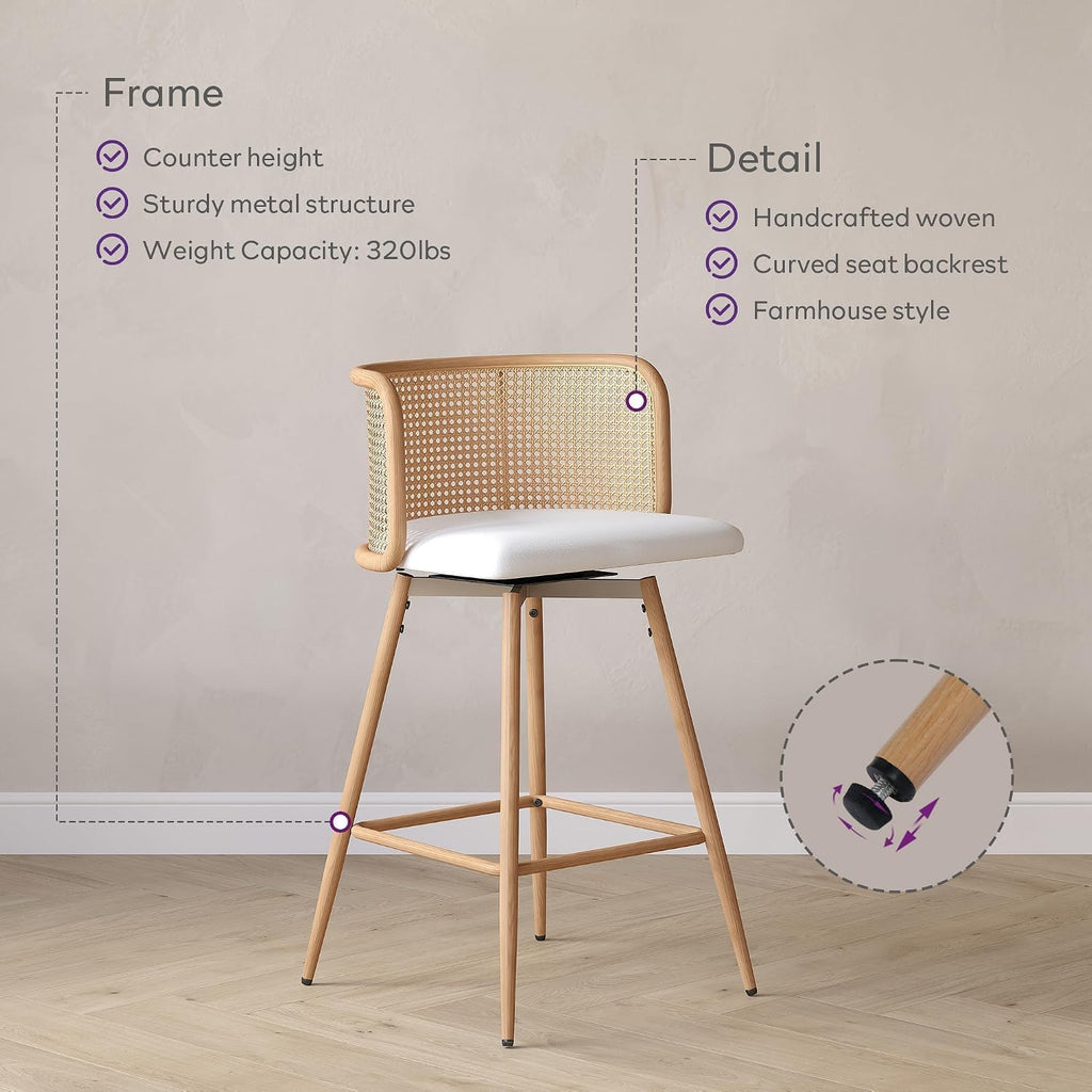 26" Rattan Bar Stools Set of 2, Swivel Counter Height Barstools, White