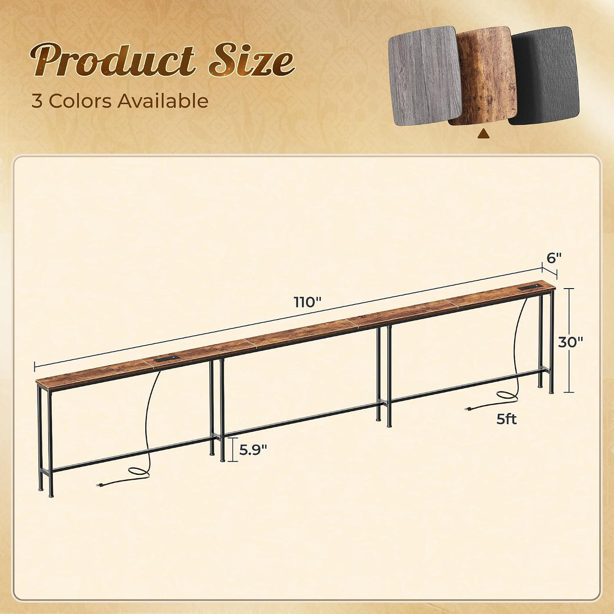 Huuger 110 Inch Sofa Table with Power Outlets, Skinny Behind Couch Table | 5.9 Inch Narrow Entryway Table, Extra-Long Console Table, Behind the Couch Table with Outlet for Living Room, Rustic Brown