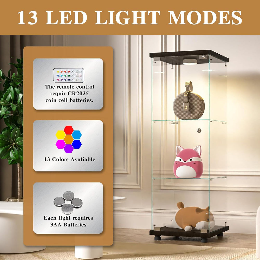 FANYUSHOW Glass Display Cabinet with LED Light & Lock, 1-Door 3-Shelf Black