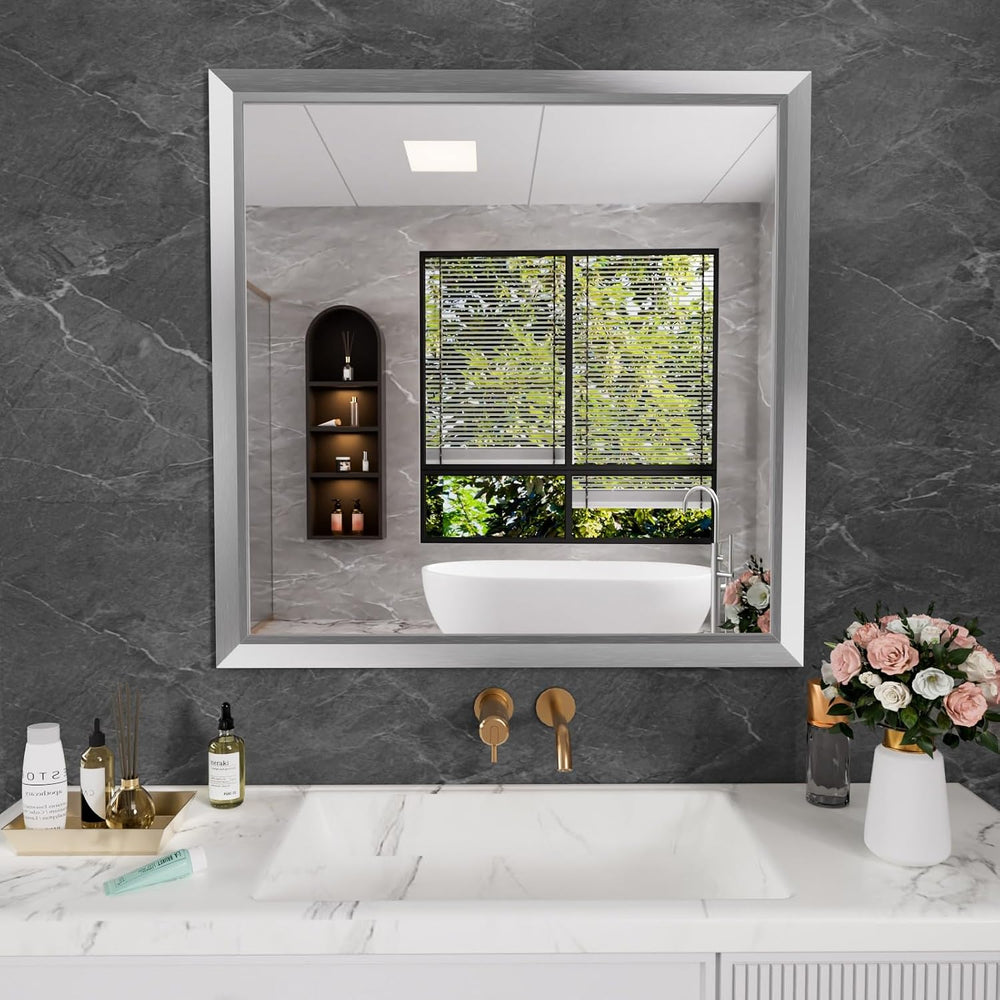Amorho Bathroom Mirror for Wall 36x36 Inch, Brushed Silver Metal Framed
