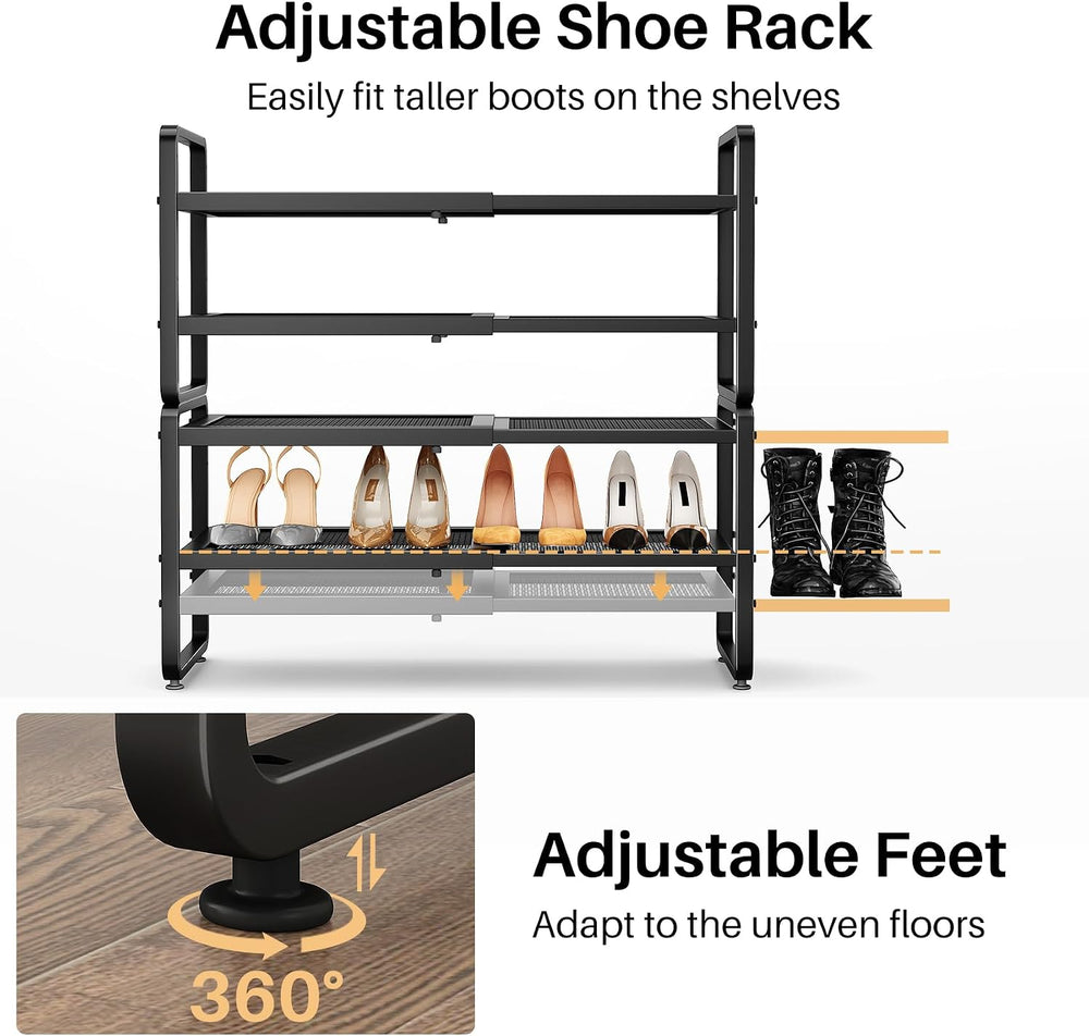 Expandable Metal Shoe Rack for Closet, Entryway & Garage, 4-Tier, Black