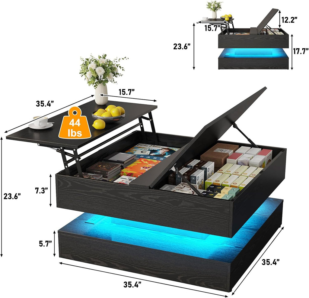 35.4" Large Square Coffee Table with Lifting top,Charging Station,Modern 2-Tier Square Center Table w/Hidden Compartment Storage,Tea Table with Wood Grain for Living Room, Office,Black