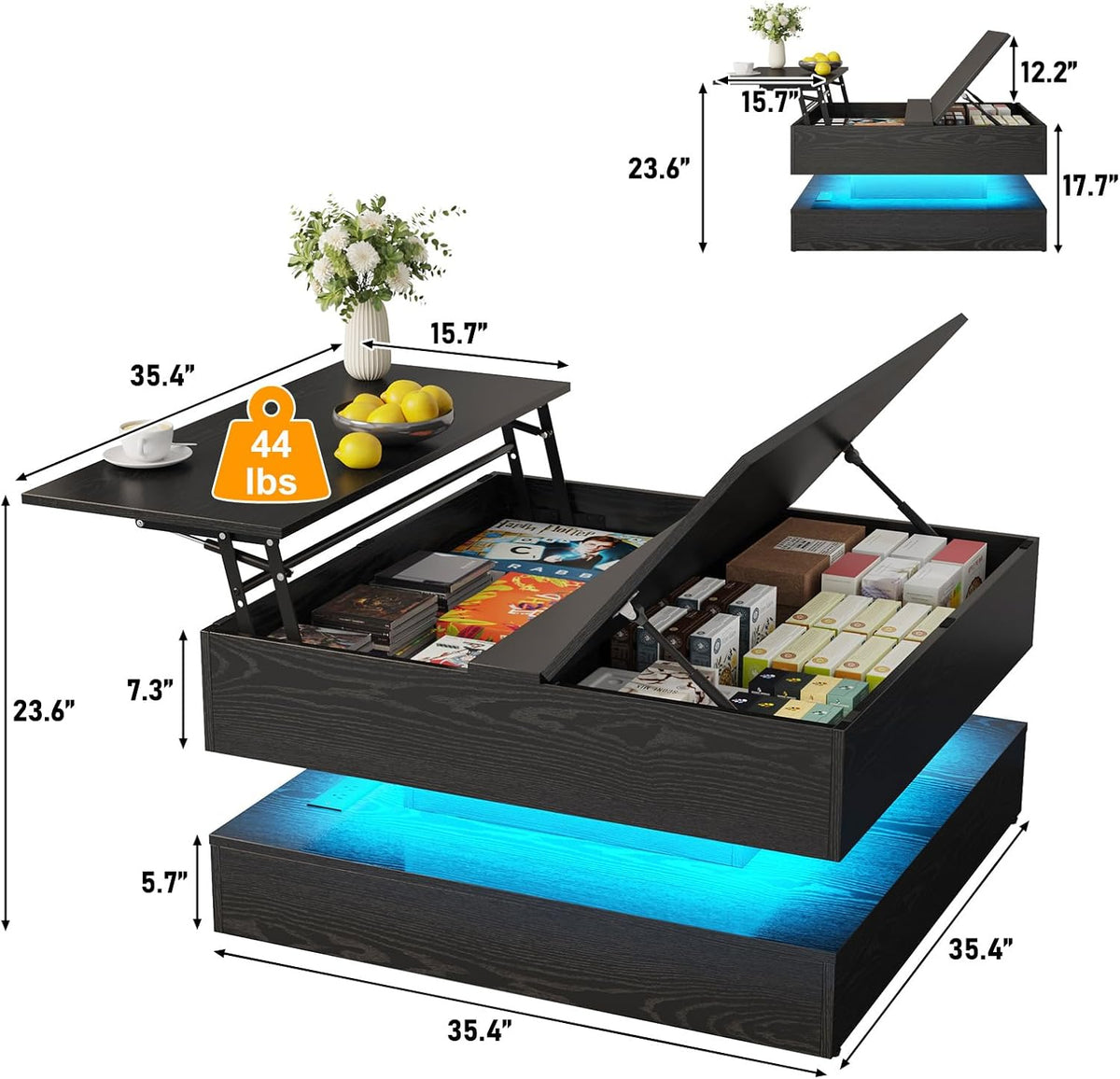 35.4" Large Square Coffee Table with Lifting top,Charging Station,Modern 2-Tier Square Center Table w/Hidden Compartment Storage,Tea Table with Wood Grain for Living Room, Office,Black