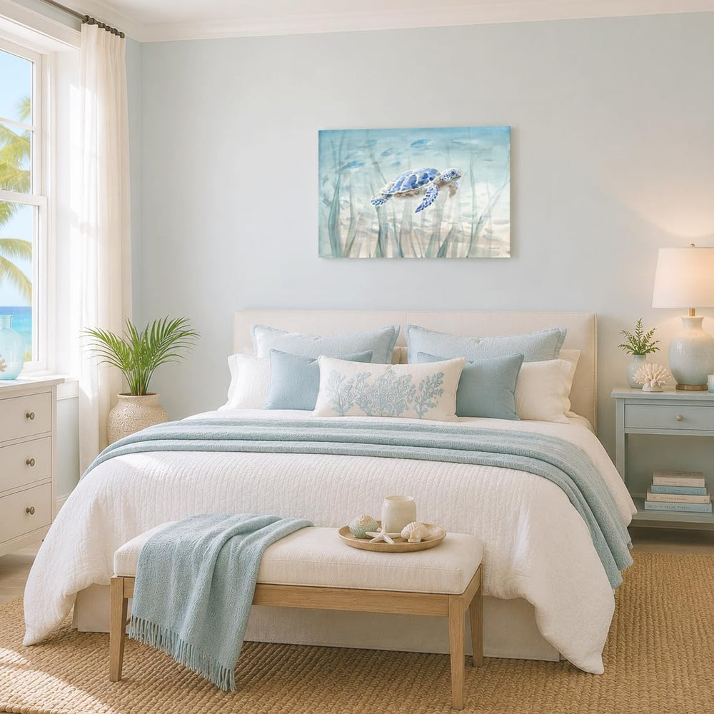 Ocean Wall Decor Blue Turtle Canvas Art Sea Grass Pictures Coastal Print Pain...