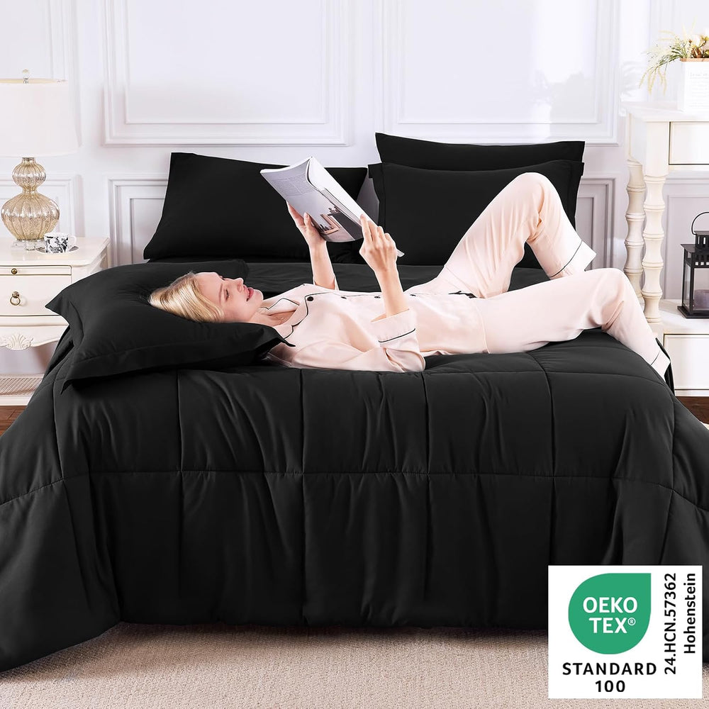 CozyLux Full Size Comforter Sets, 7-Piece Bed in a Bag, Black