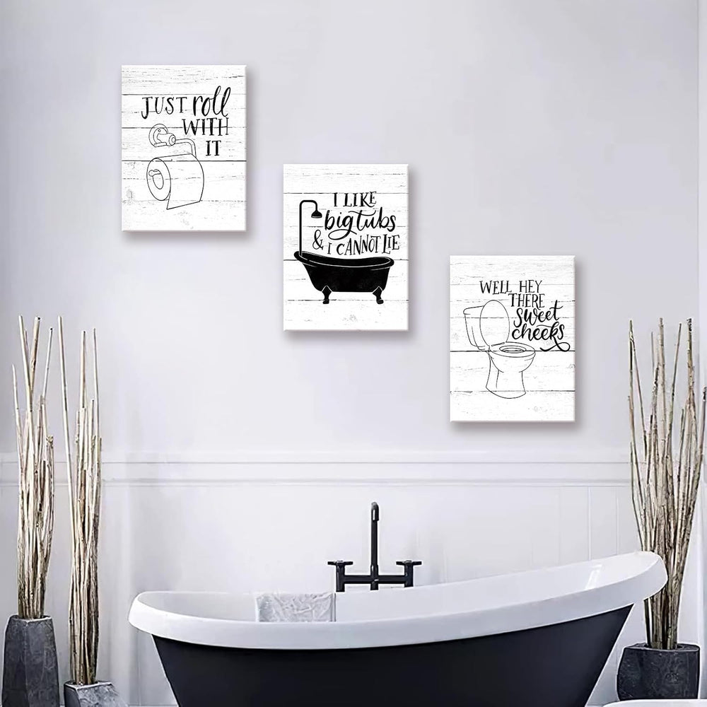 Funny Bathroom Canvas Wall Art Black and White Toilet Bathtub Bath Set Poster...