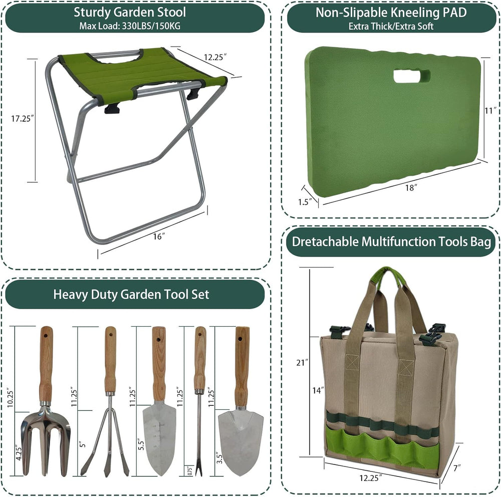 Gardening Tool Set with Folding Stool and Storage Tote Bag