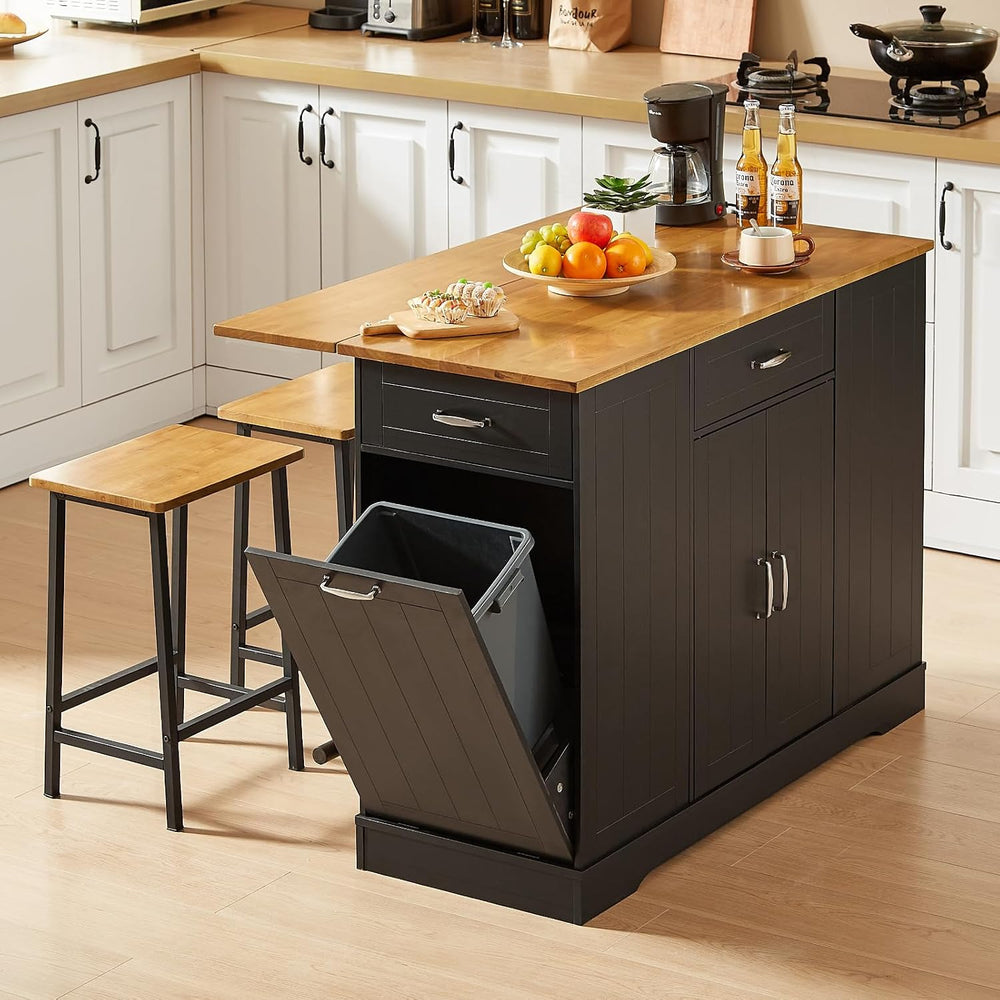 ONBRILL 47" Kitchen Island with Trash Can Storage, Include 2 Chairs, Black