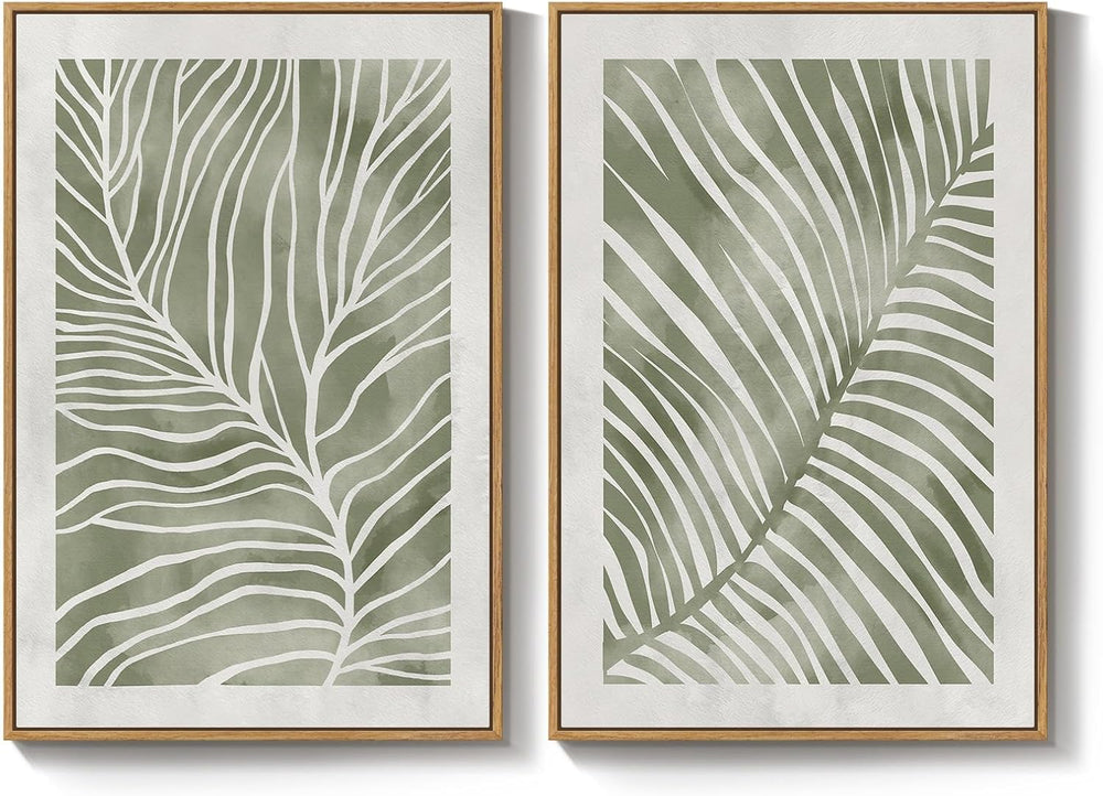 Large Framed Green Abstract Botanical Wall Art for Living Room, 24x36 In