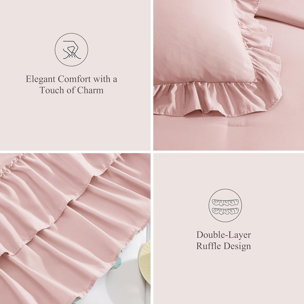 King Size Comforter Set Soft Pink Ruffle 7 Pieces Farmhouse Bed in a Bag