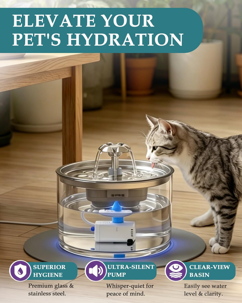 2.8L/95oz Glass Cat Water Fountain with Stainless Steel Lid