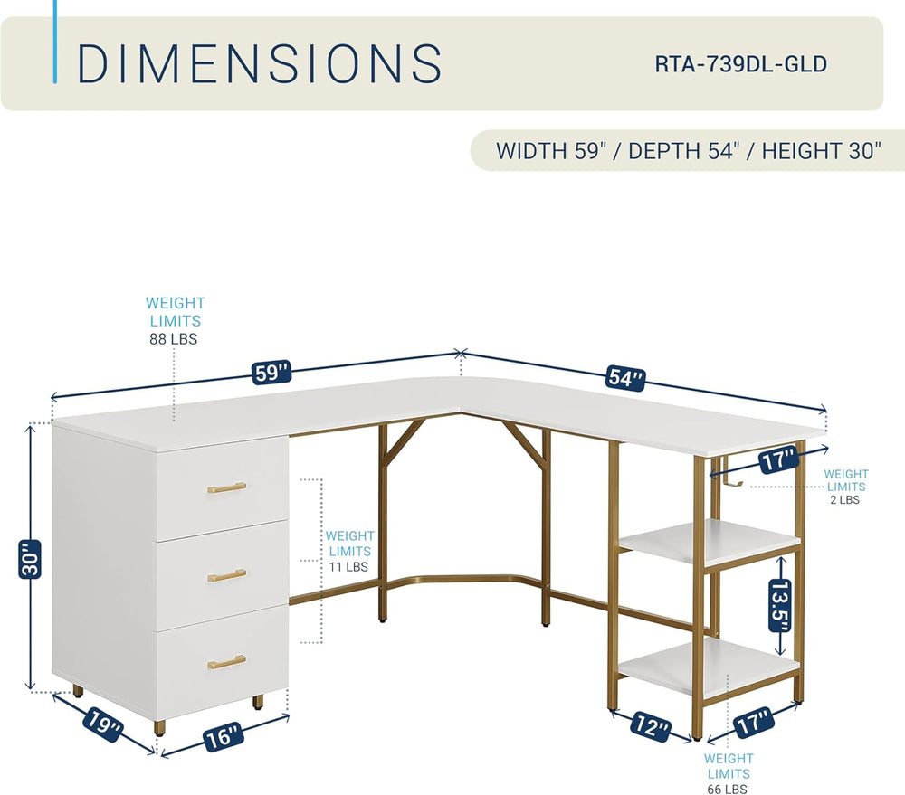 Techni Mobili 59" Two-Tone L‑Shaped Office Desk with Storage Shelves, Gold