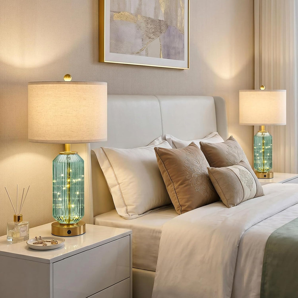 Oneach 24.5" Bedside Table Lamps Set of 2, Green Glass Nightstand Lamps ...