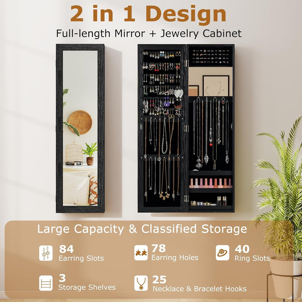 COSTWAY Full Length Mirror Jewelry Cabinet, Wall Door Mounted Jewelry Organiz...