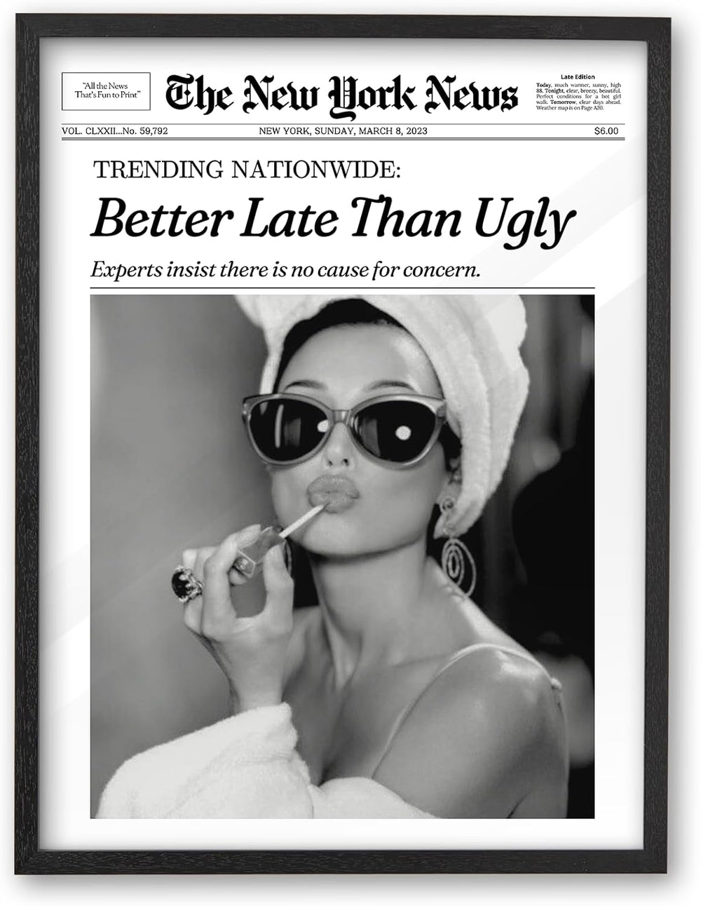 iHery 12x16in Audrey Hepburn Better Late Than Ugly Framed Bathroom Art