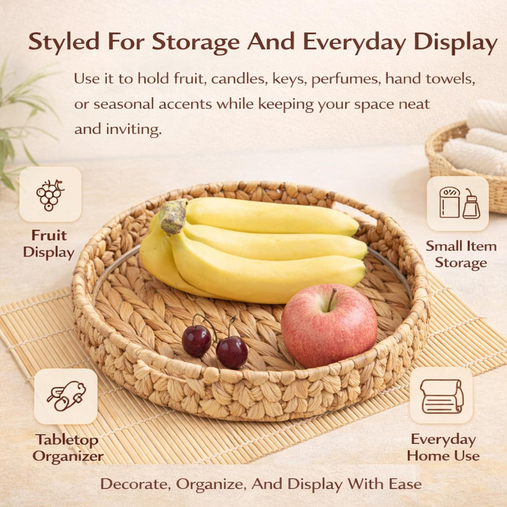 Round Woven Rattan Tray with Clear Acrylic Insert and Handles, Water Hyacinth...