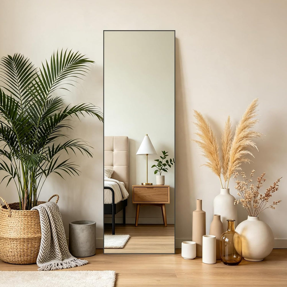 56"x18" Full Length Mirror, Black Aluminum Frame Standing Mirror