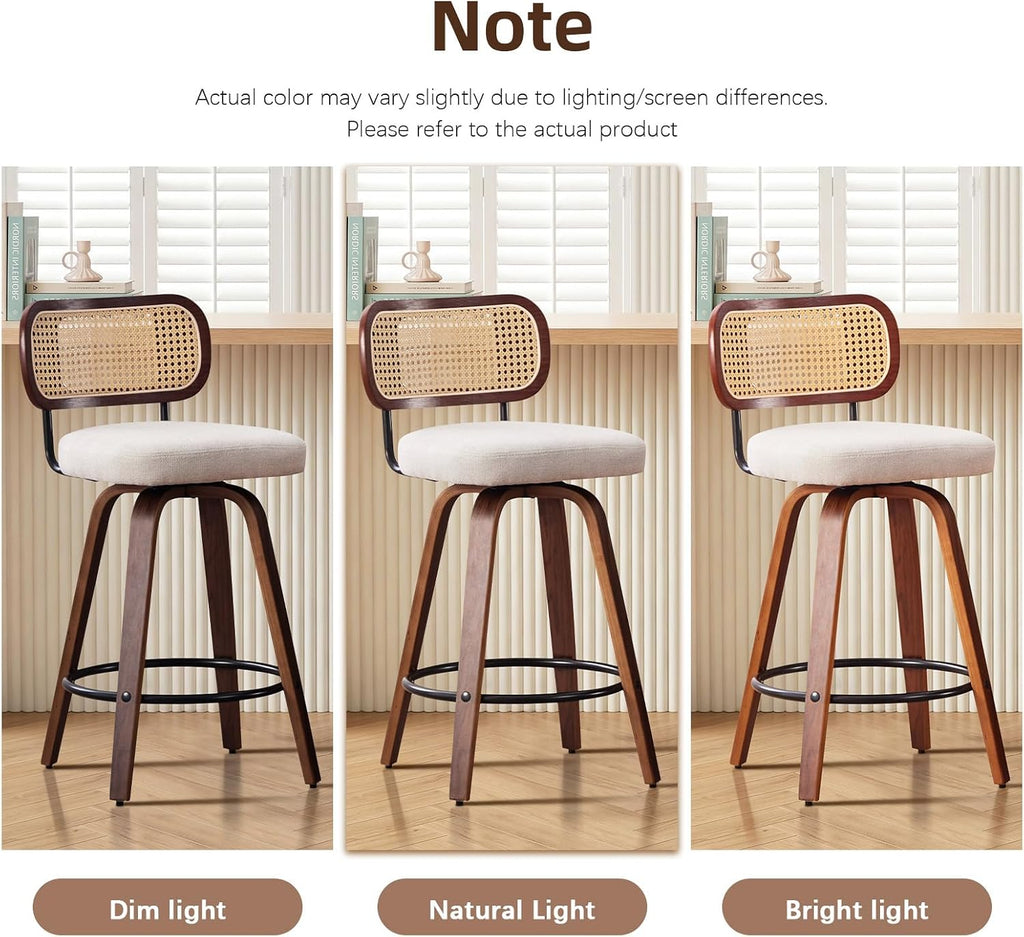 SoarFlash Modern Swivel Bar Stools Set of 3, 26" Counter Height Bar Stools with Walnut Wood Legs, Rattan-Back, PU Leather/Linen Seat, Metal Footrest for Kitchen Island
