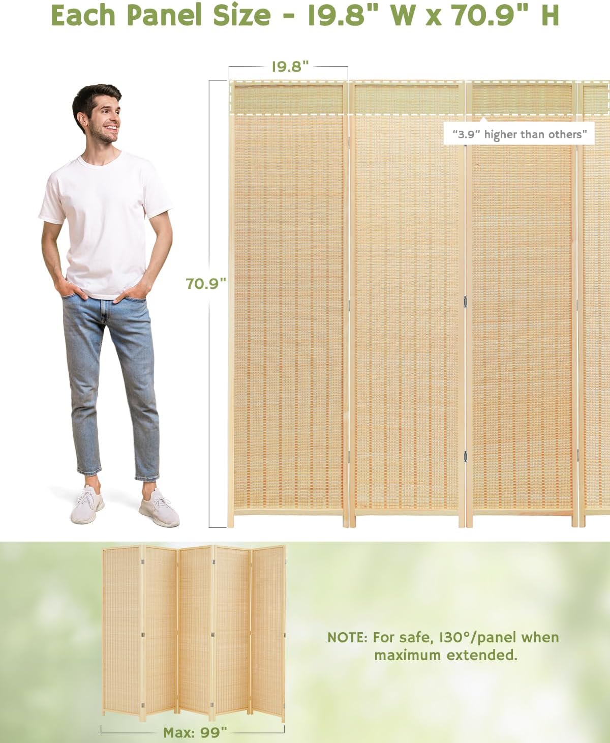 JOSTYLE Bamboo Room Divider, 5-Panel Folding Privacy Screen, 6 ft. Tall