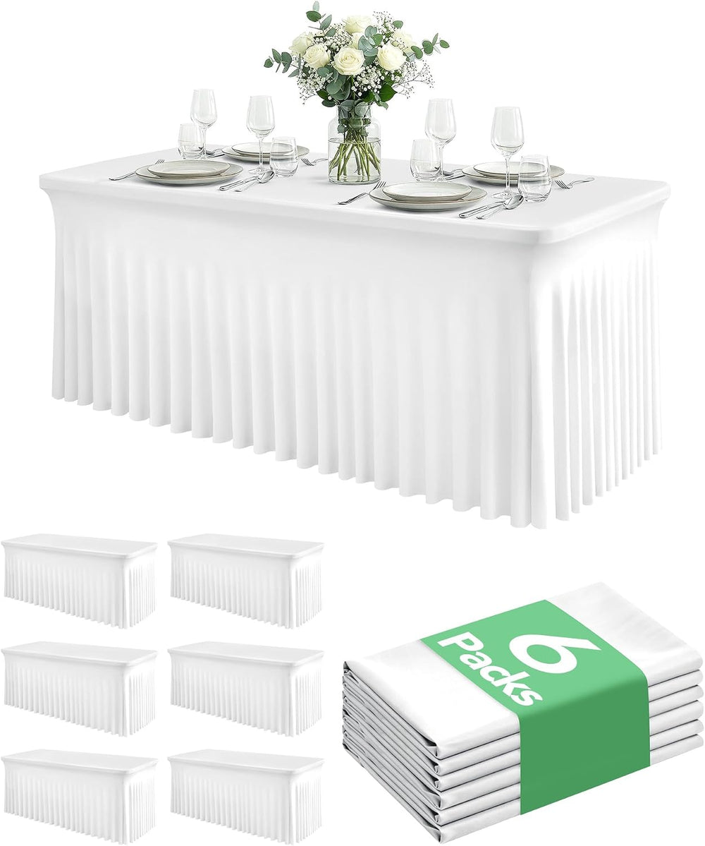 Spandex Table Cover Skirts with Floor-Length Ruffle, 6 ft, White, 6 Pack
