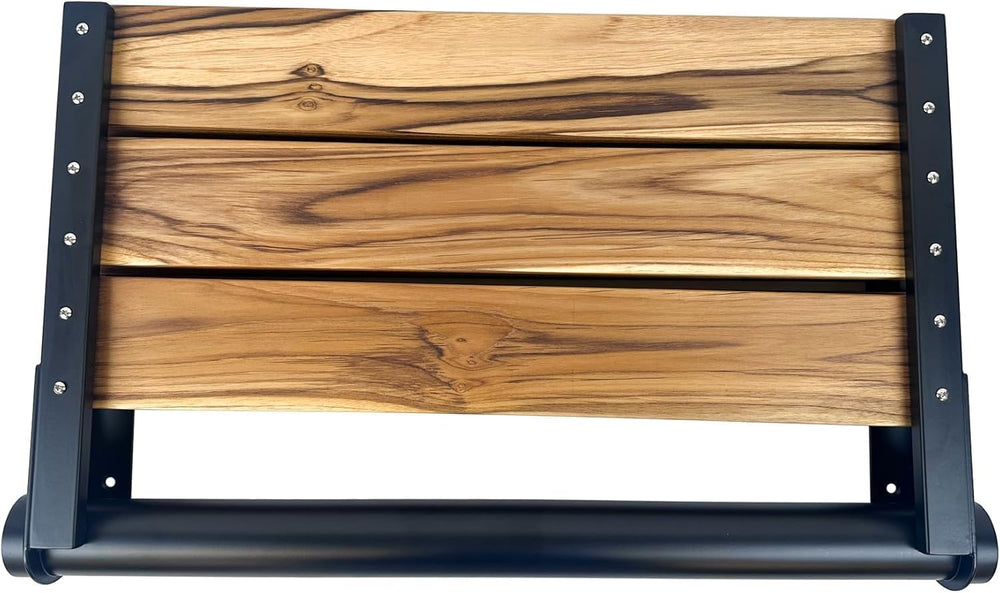 Teak Shower Seat Bench with Back, Matte Black, 300 lb, 18 in
