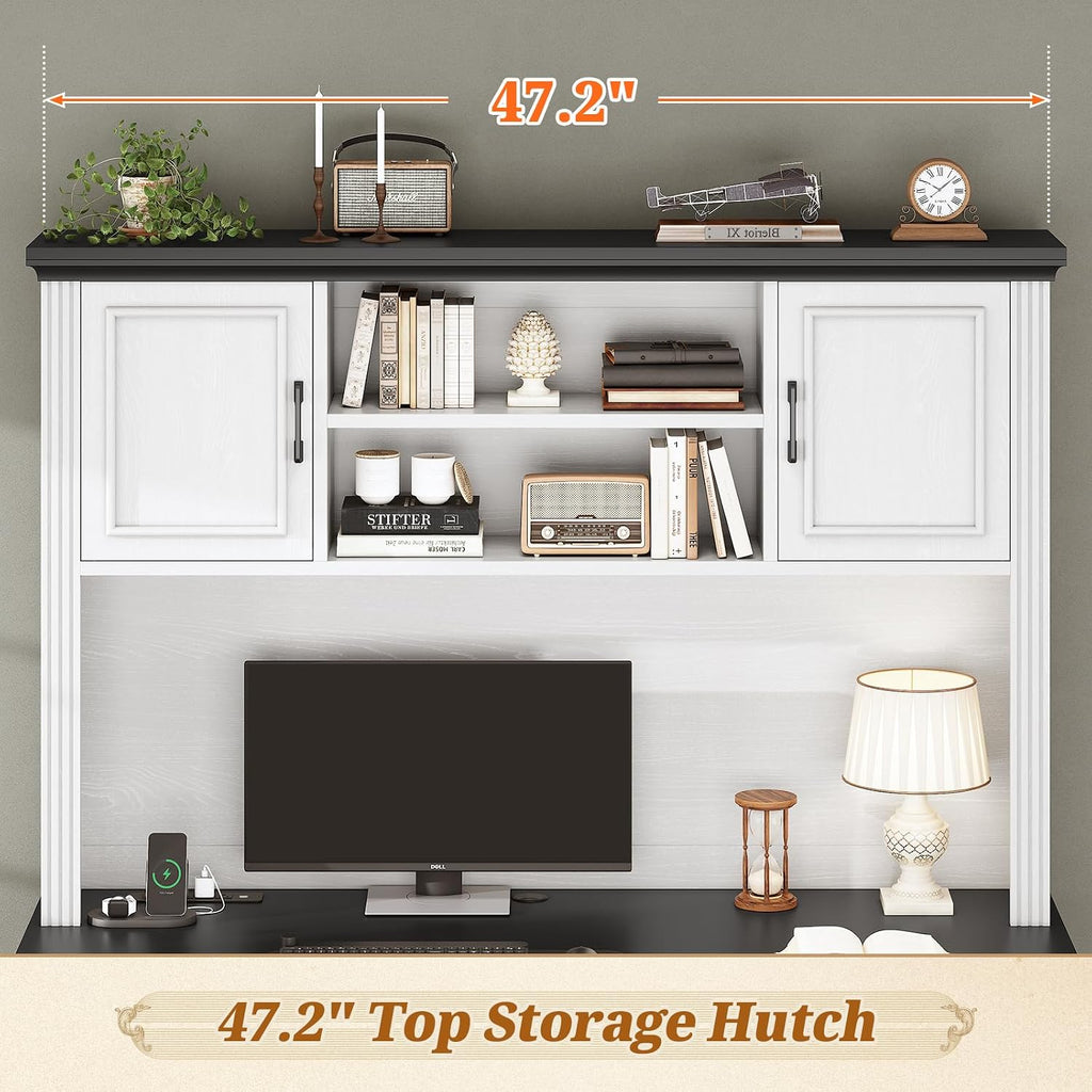 SEDETA Farmhouse Computer Desk with Hutch and 3 Drawers, 47.2" Executive Office Desk with Storage Drawers, Wood Desk with Power Outlet for Home Office, White