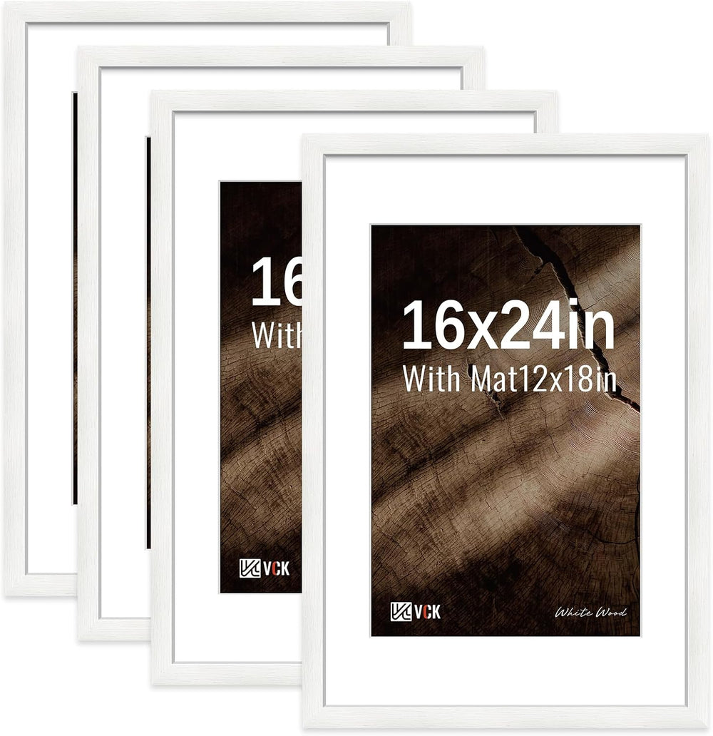 VCK 16x24 Picture Frame 4 Pack, White Wood with 12x18 Mat, for Poster